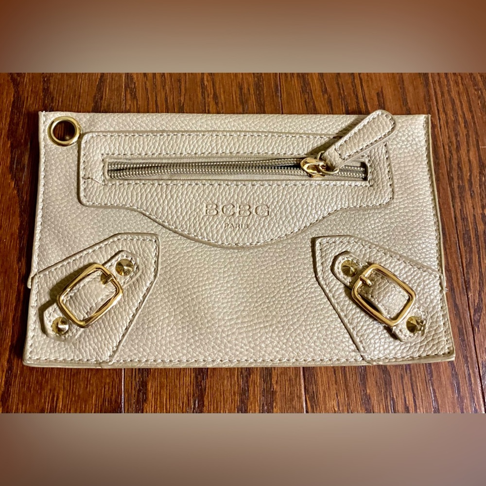 BCBG Paris Women Gray Leather Wristlet Motorcycle Bag Clutch Pouch Zipper